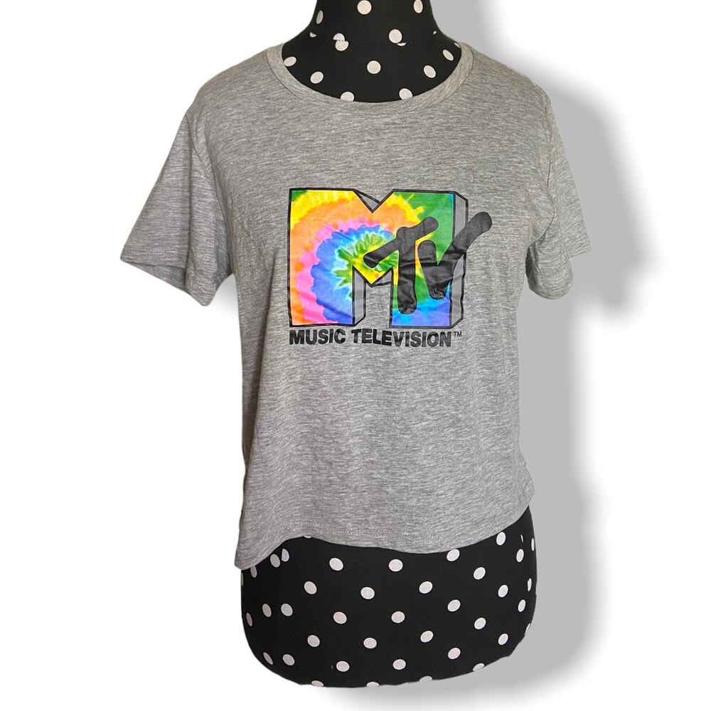 MTV Womens Tee Size Medium Gray Cropped Tie Dye Logo Shirt Top NEW